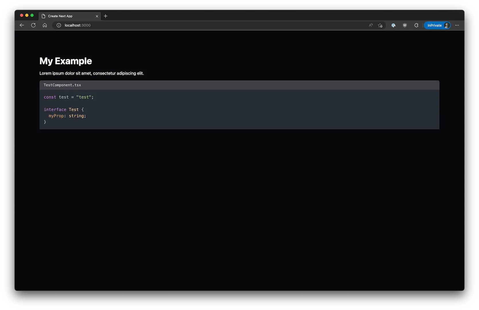 A screenshot of the highlighted code block with a header that says TestComponent.tsx
