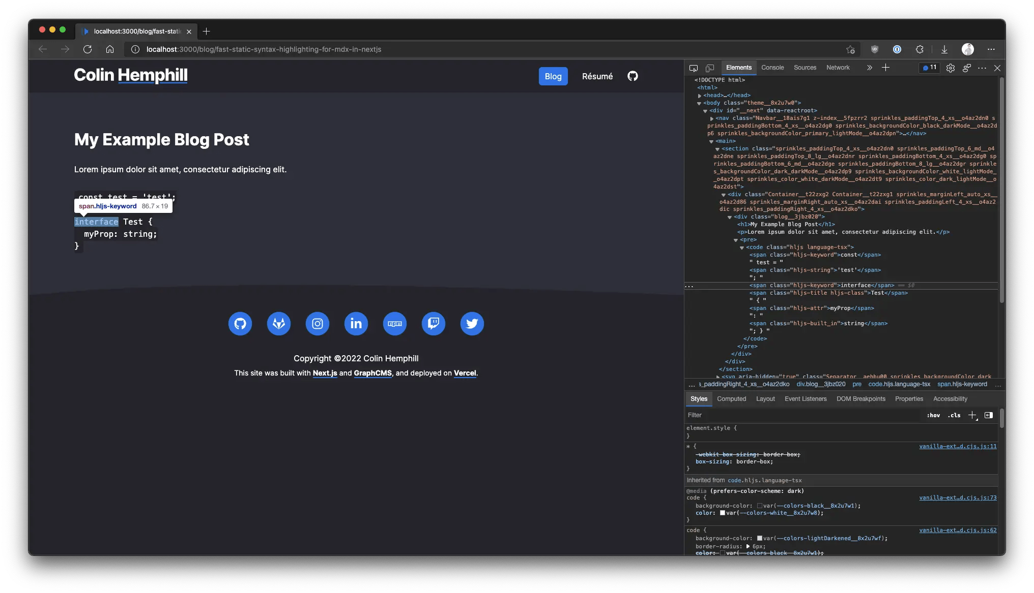 A screenshot of the same blog post with the Google Chrome inspector open, showing that classes have been added to various tokens in the code syntax