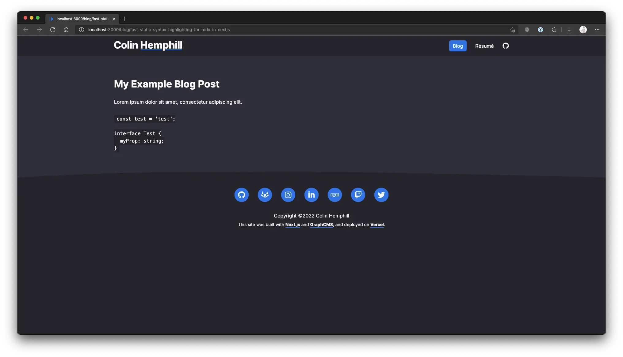 A screenshot showing an example from Colin‘s blog where the Markdown has now been rendered on a page