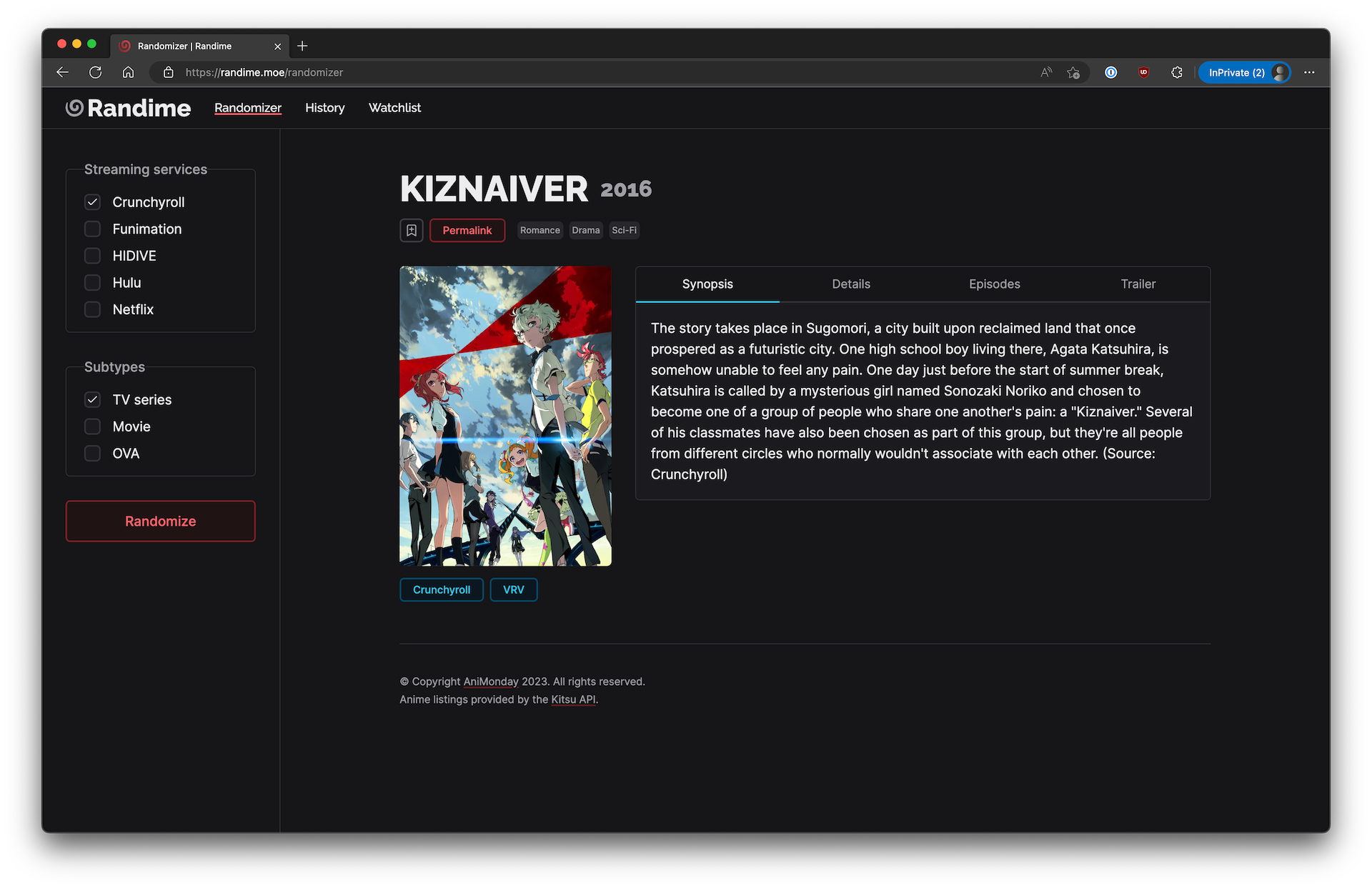 A screenshot of the Randime randomizer. It displays the randomizer settings alongside a randomly generated title and its details. The anime chosen is Kiznaiver.